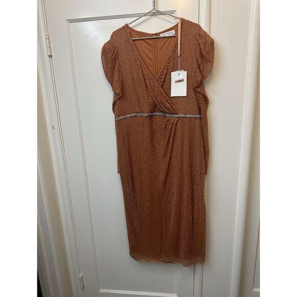 Mac Duggal 93674 Copper Cocktail Beaded Dress Sz 16 MIDI Puff Sleeves NWTs $598 - Picture 3 of 9